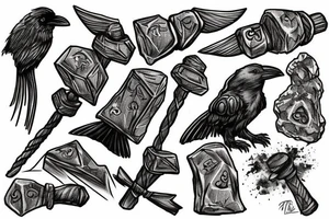 Thors hammer in rocks with odins ravens tattoo idea