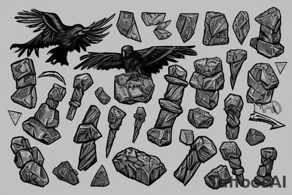 Thors hammer in rocks with odins ravens tattoo idea