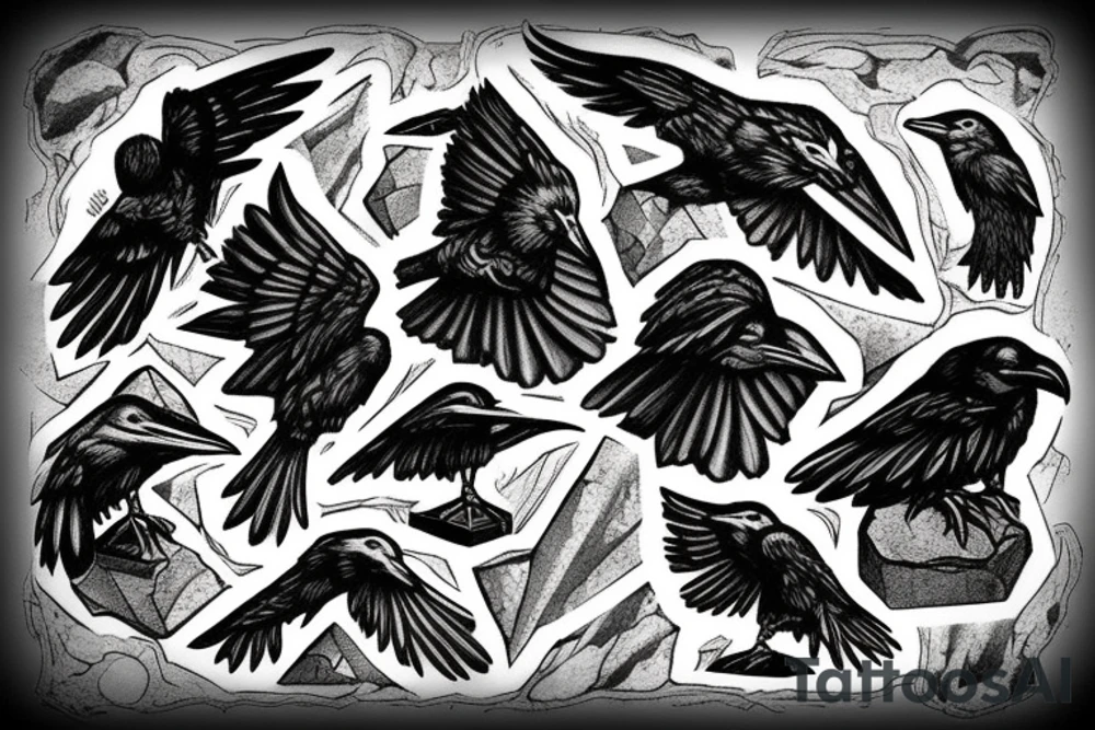 Thors hammer on rocks with odins ravens tattoo idea