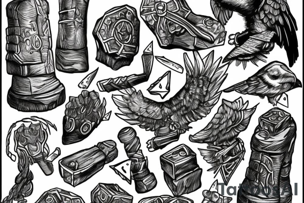 Thors hammer on rocks with odins ravens tattoo idea