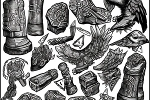 Thors hammer on rocks with odins ravens tattoo idea