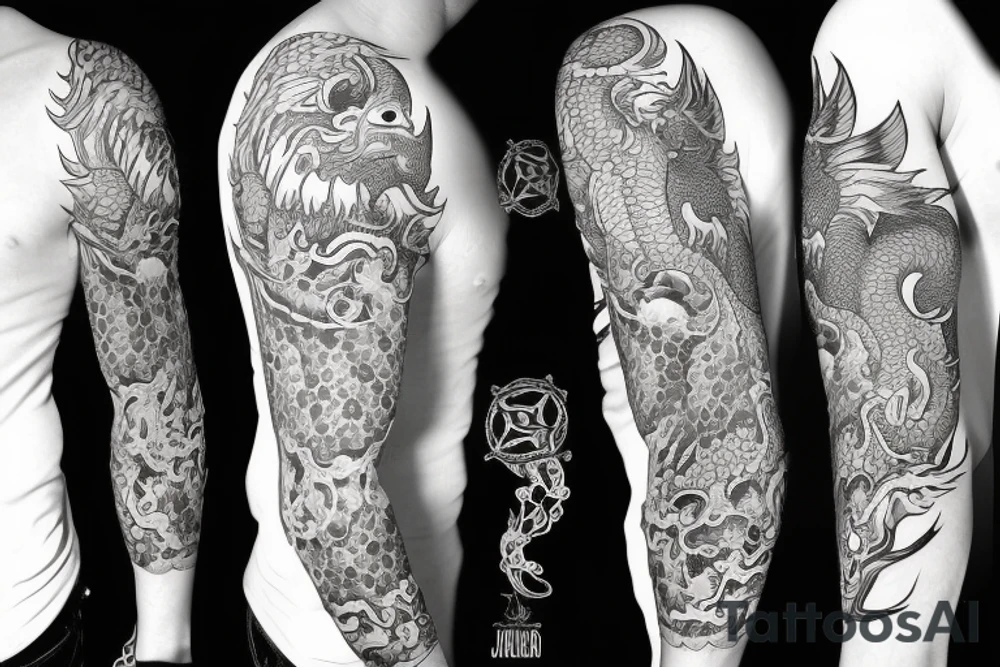 Inside sleeve for left arm. featuring a dragon. with low-poly patterns as background. Also containing feathers at the bottom tattoo idea