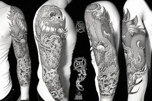 Inside sleeve for left arm. featuring a dragon. with low-poly patterns as background. Also containing feathers at the bottom tattoo idea