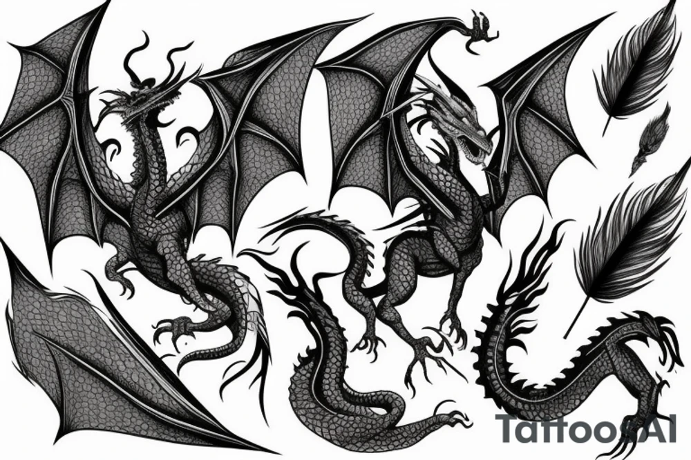Inside sleeve for left arm. featuring a dragon. with low-poly patterns as background. Also containing feathers at the bottom tattoo idea