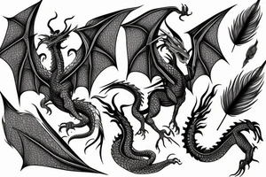 Inside sleeve for left arm. featuring a dragon. with low-poly patterns as background. Also containing feathers at the bottom tattoo idea