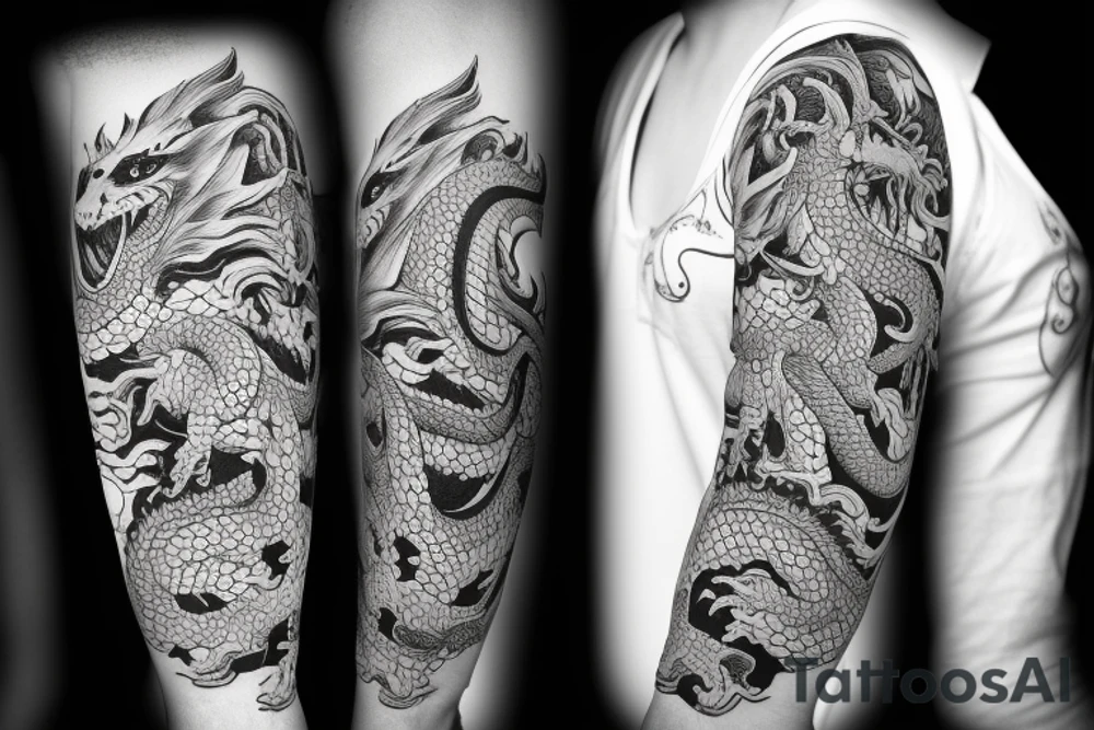Left arm sleeve featuring a dragon in a sketched design tattoo idea