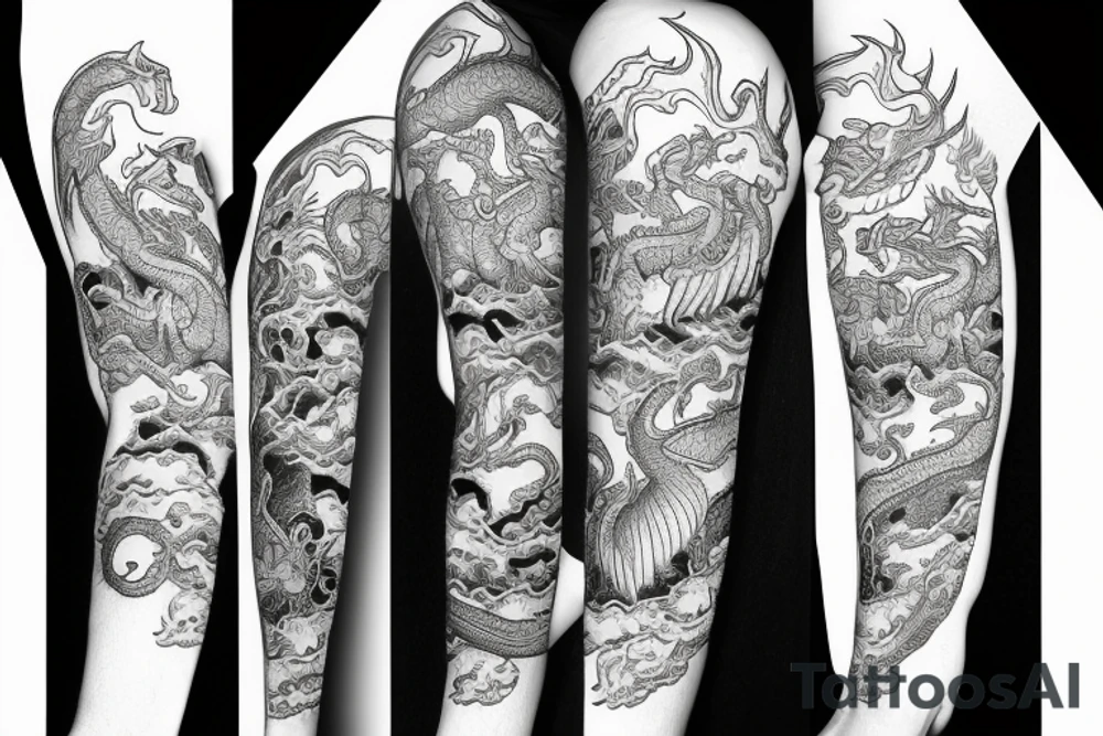 Left arm sleeve featuring a dragon in a sketched design tattoo idea