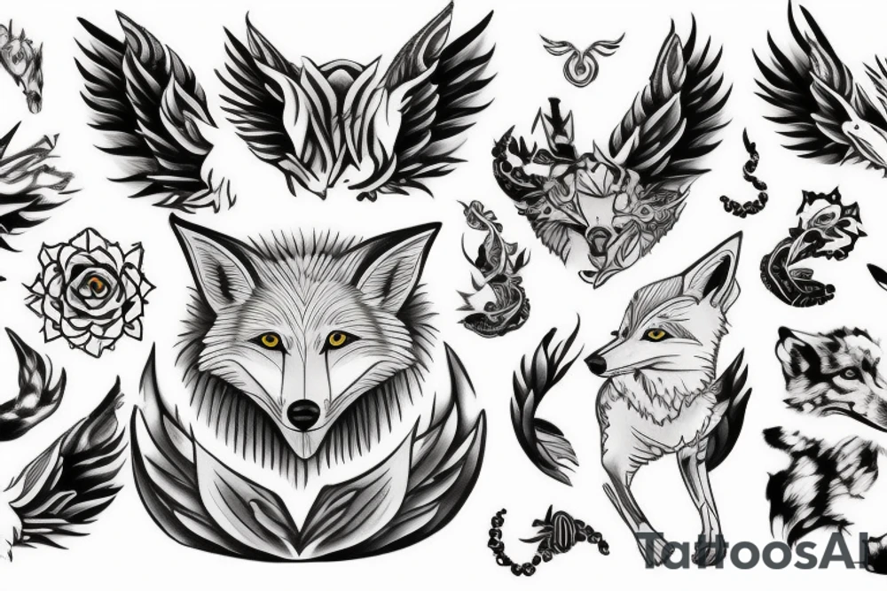 white wolf, fox, lotus, wings tattoo idea