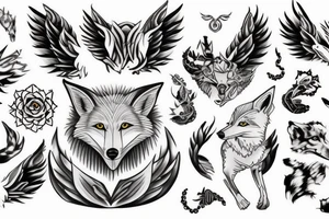 white wolf, fox, lotus, wings tattoo idea