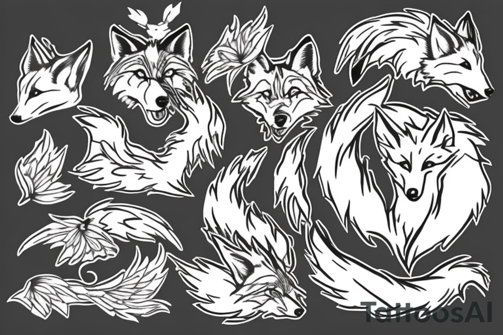 white wolf, fox, lotus, wings tattoo idea