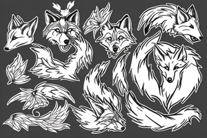 white wolf, fox, lotus, wings tattoo idea