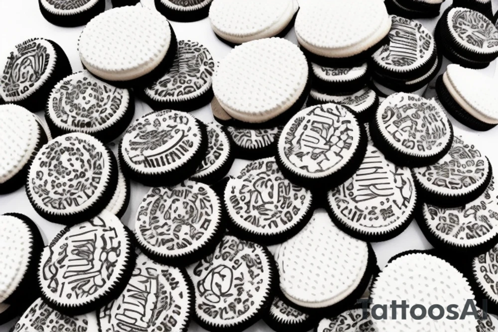 a small stack of oreo cookies sitting next to an old tennis ball tattoo idea