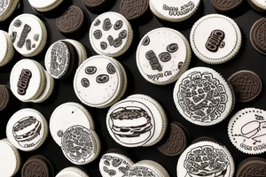 a small stack of oreo cookies sitting next to an old tennis ball tattoo idea