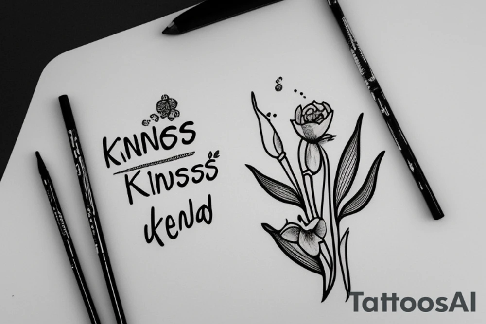 Flower bud with stem spelled "kindness" tattoo idea