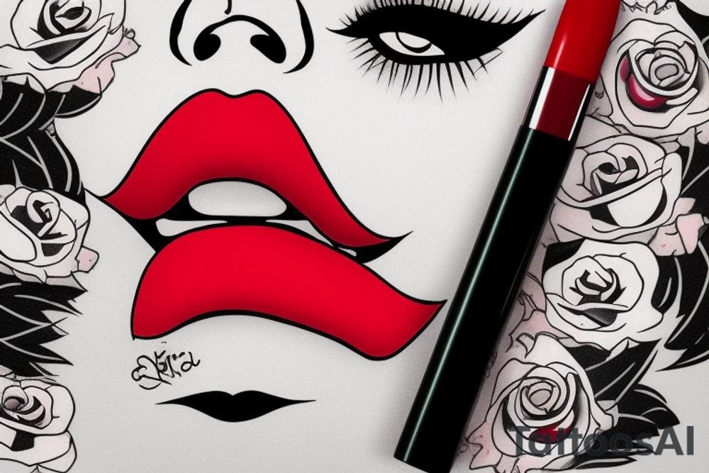 Cartoon bright red lips biting vinyl squeegee tattoo idea