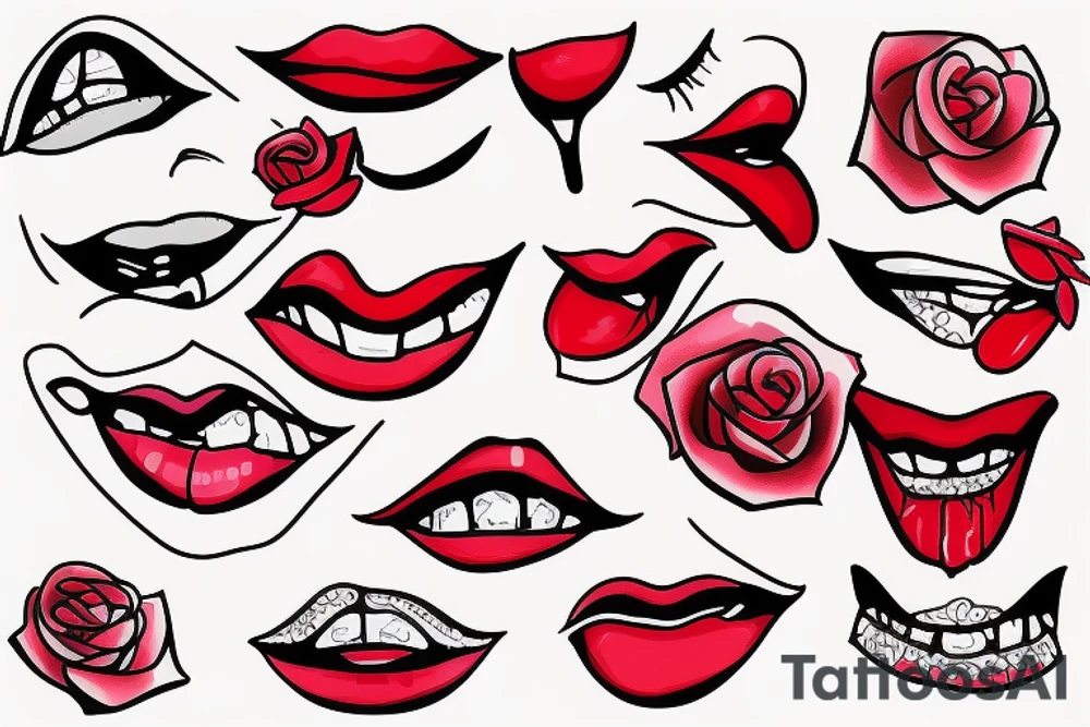 Cartoon bright red lips biting rose tattoo idea