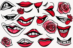 Cartoon bright red lips biting rose tattoo idea