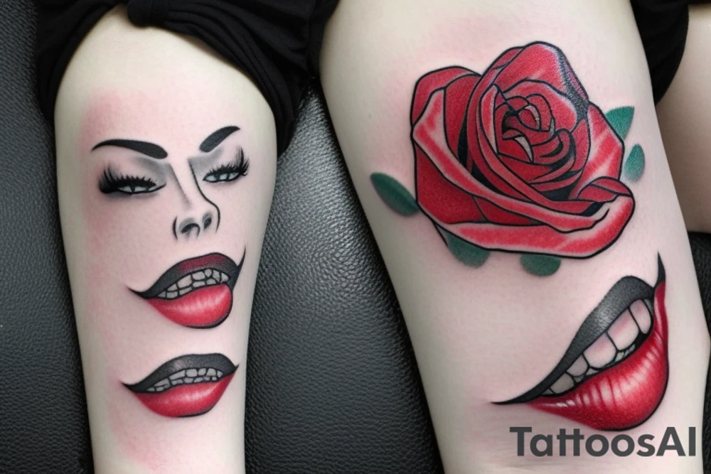 Cartoon bright red lips biting rose tattoo idea