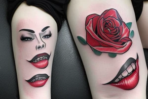 Cartoon bright red lips biting rose tattoo idea