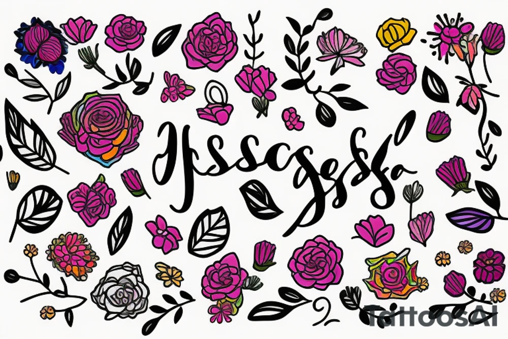 The name Jessica with flowers and vibrant colors tattoo idea