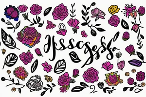 The name Jessica with flowers and vibrant colors tattoo idea