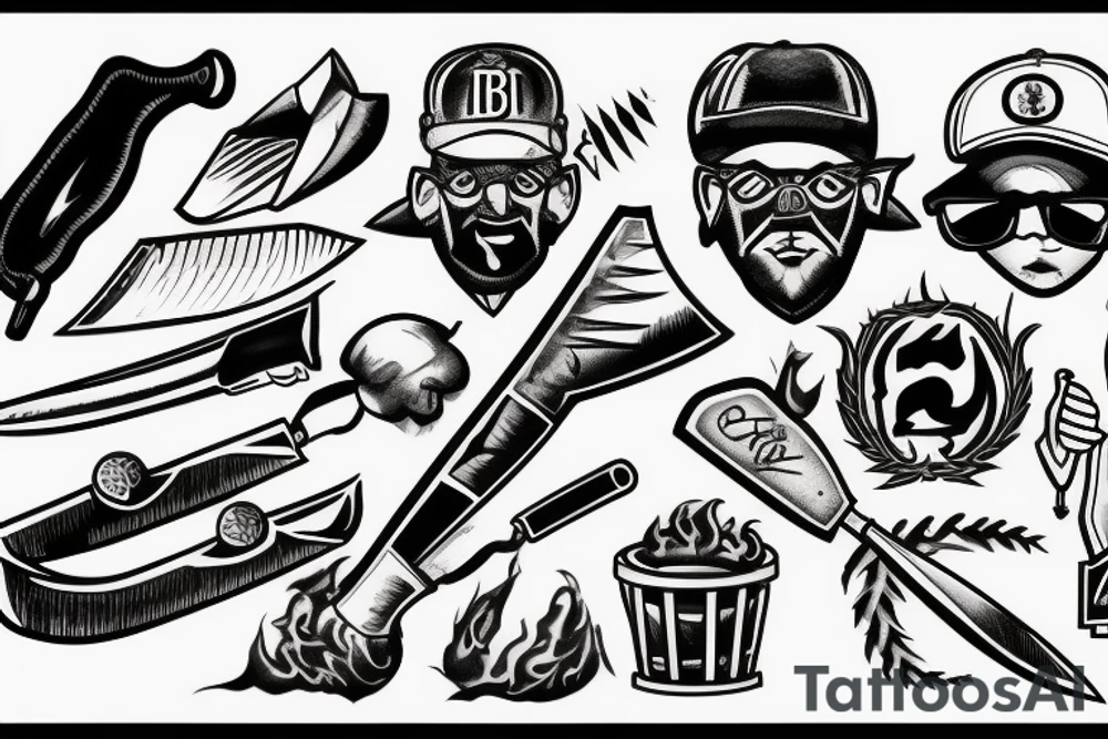 Bull, fire, baseball and a butchers knife tattoo idea
