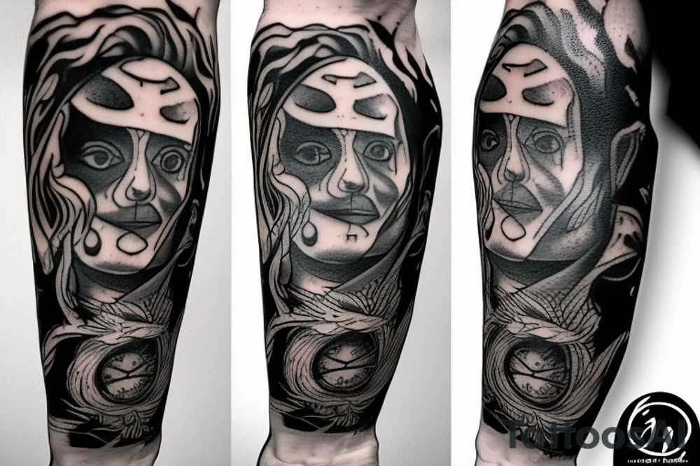 Bill runing out of fire biting knife tattoo idea