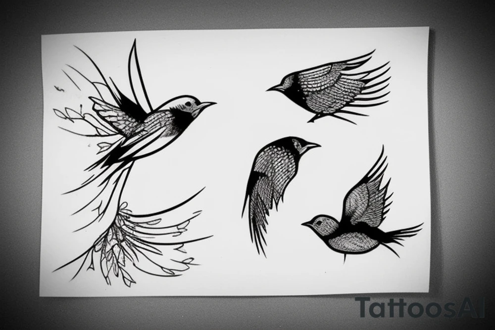 a small flying bird entangled in vines tattoo idea
