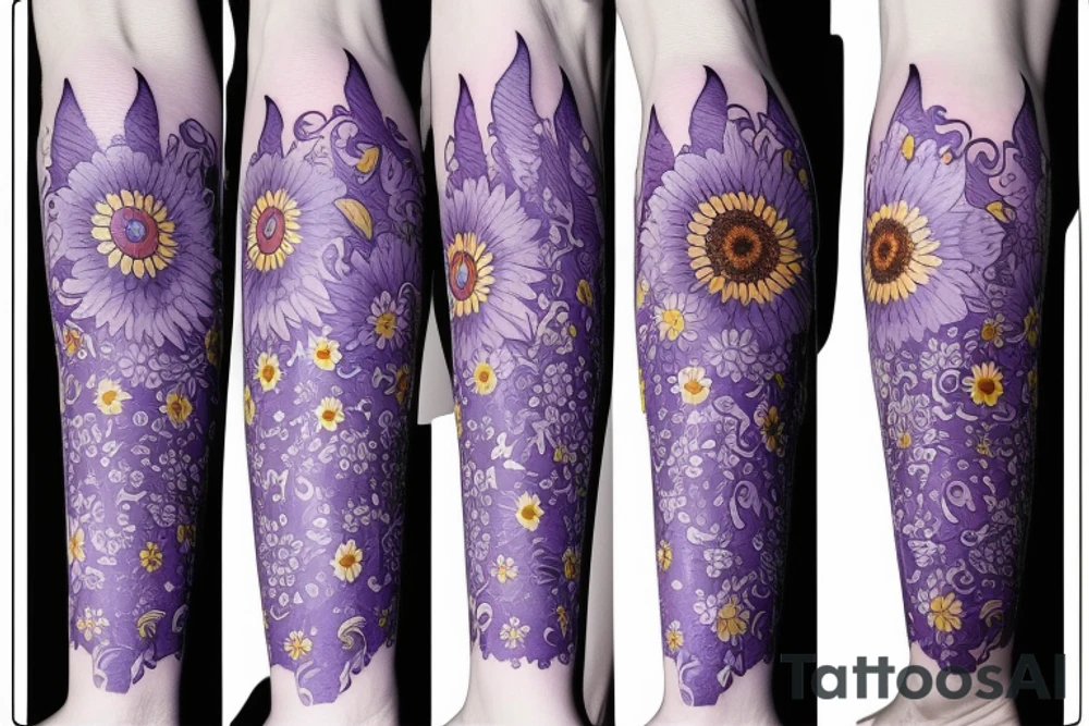 4-5 inch right calf tattoo, floral designs, crescent moon, light purples and blues, thin lines, sunflowers tattoo idea
