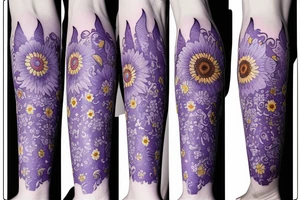 4-5 inch right calf tattoo, floral designs, crescent moon, light purples and blues, thin lines, sunflowers tattoo idea