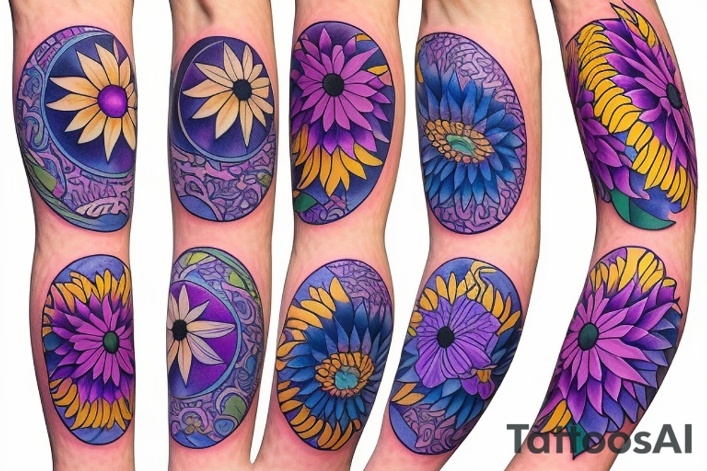 4-5 inch right calf tattoo, floral designs, crescent moon, light purples and blues, thin lines, sunflowers tattoo idea