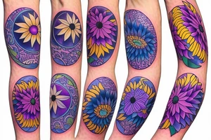 4-5 inch right calf tattoo, floral designs, crescent moon, light purples and blues, thin lines, sunflowers tattoo idea