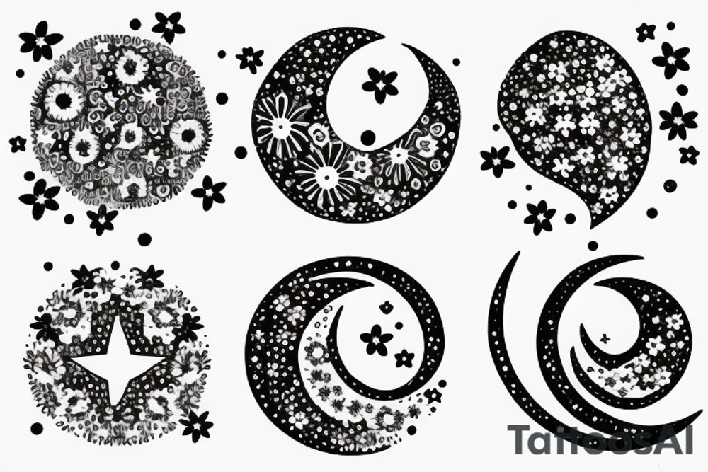 Bundle of flowers with a small crescent moon and stars and circles made of dots tattoo idea