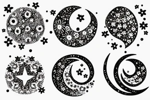 Bundle of flowers with a small crescent moon and stars and circles made of dots tattoo idea