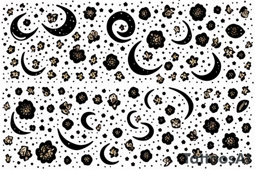 Bundle of flowers with a small crescent moon and stars and circles made of dots tattoo idea