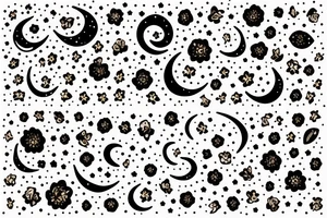 Bundle of flowers with a small crescent moon and stars and circles made of dots tattoo idea