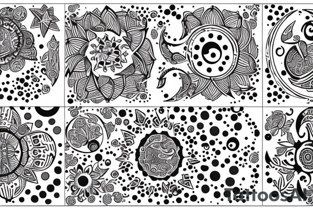 Bundle of flowers with a small crescent moon and stars and circles made of dots tattoo idea