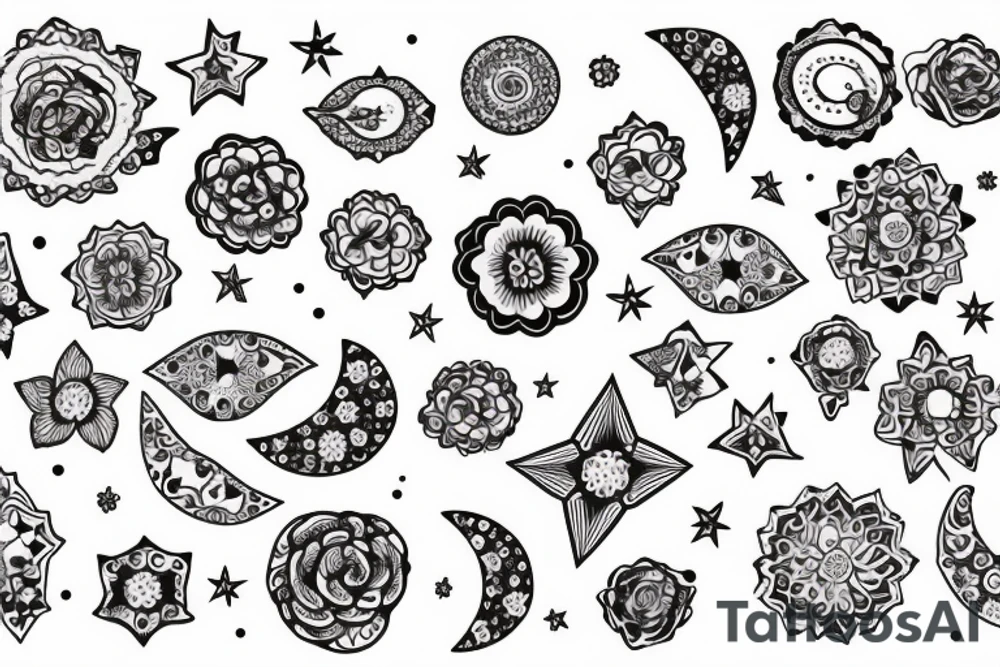 Bundle of flowers with a small crescent moon and stars and circles made of dots tattoo idea