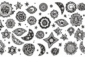 Bundle of flowers with a small crescent moon and stars and circles made of dots tattoo idea