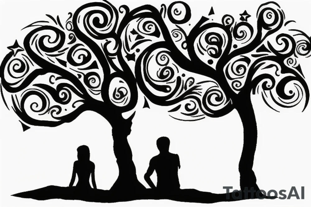 2 people sitting under a tree on the beach looking at the stars tattoo idea
