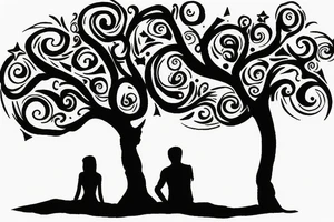 2 people sitting under a tree on the beach looking at the stars tattoo idea