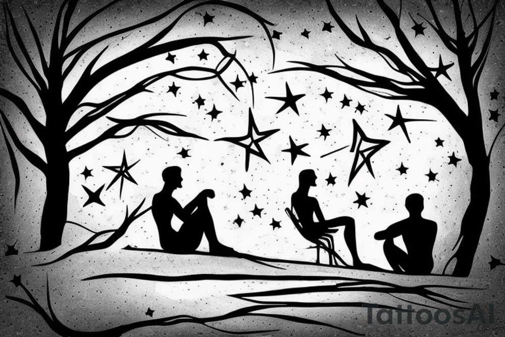 2 people sitting under a tree on the beach looking at the stars tattoo idea