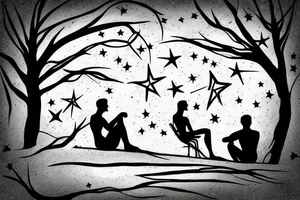 2 people sitting under a tree on the beach looking at the stars tattoo idea
