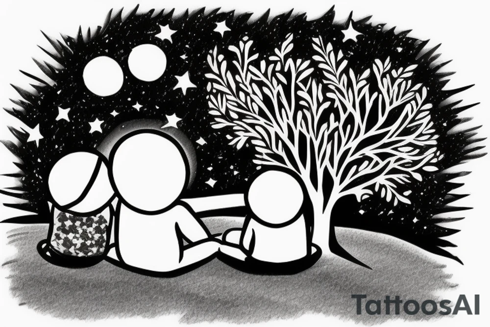 couple sitting under a tree on the beach looking at the stars tattoo idea