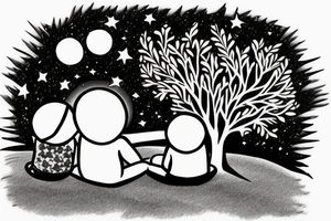couple sitting under a tree on the beach looking at the stars tattoo idea