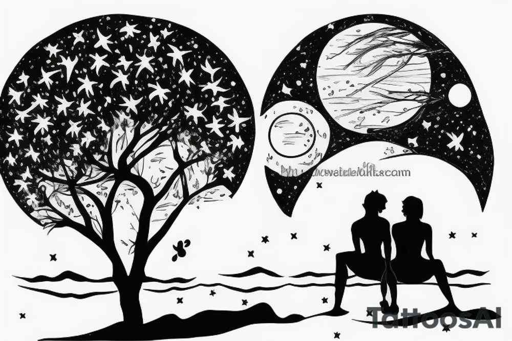 couple sitting under a tree on the beach looking at the stars tattoo idea