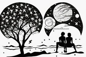 couple sitting under a tree on the beach looking at the stars tattoo idea