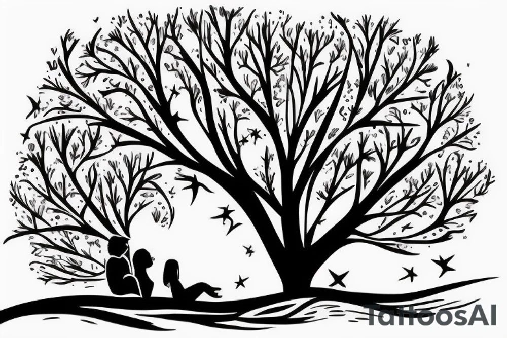 a couple is sitting laying on a tree thunk with their back, looking to the sky. tattoo idea