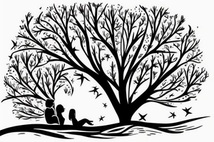 a couple is sitting laying on a tree thunk with their back, looking to the sky. tattoo idea