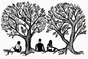 a couple is sitting laying on a tree thunk with their back, looking to the sky. tattoo idea